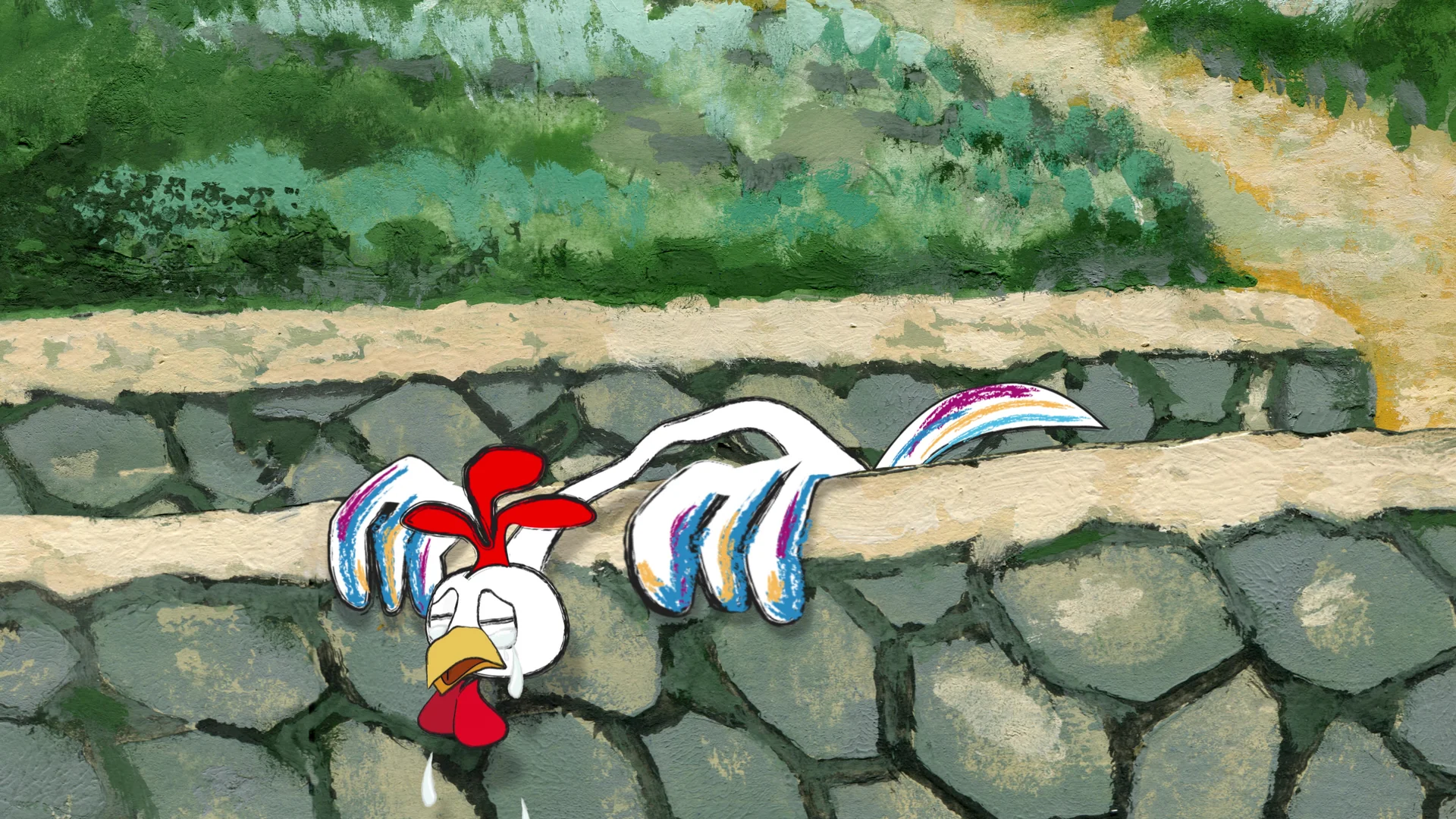 An animated white rooster with a red comb and colorful wing tips is shown weeping. The character appears exhausted and distressed, slumped over a gray stone wall against a background of painted green hills and a dirt path.