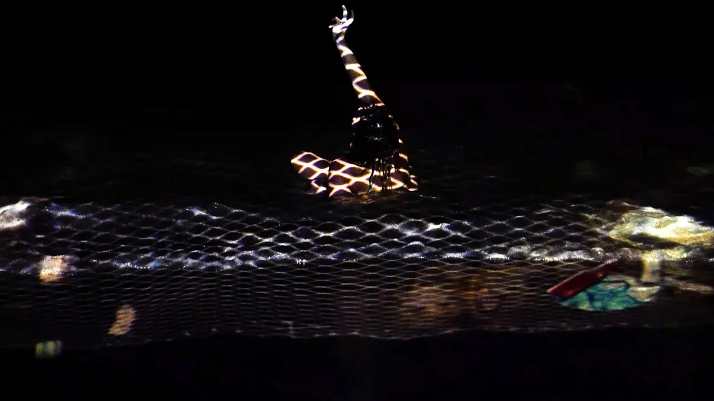 A person submerged in dark water with one arm raised toward the surface. Light patterns resembling a net or honeycomb grid are projected onto their body and across the water, where debris and plastic waste float near the surface in the dark.