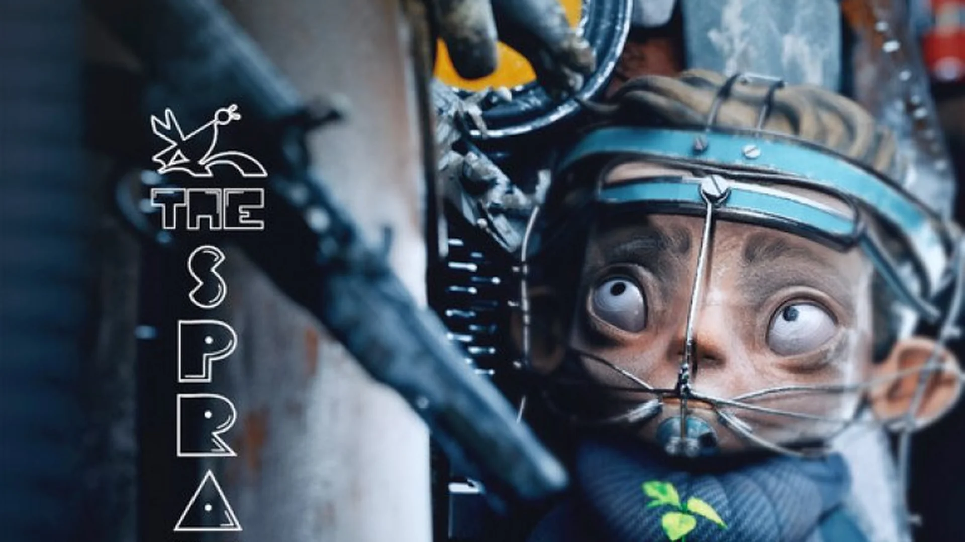 A close-up of a stylized animated character with wide, expressive eyes wearing a complex metal mask and headgear. The character peeks from behind a wall in a gritty, industrial setting. To the left, the film title The Sprayer is displayed vertically in a distinct white font.