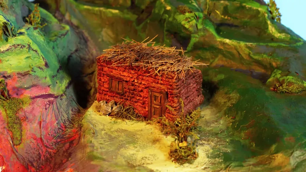 Μια στατική εικόνα από κινούμενα σχέδια stop-motion που απεικονίζει μια μικρή καλύβα από κόκκινο πηλό με αχυρένια στέγη από κλαδιά. Το κτίσμα είναι φωλιασμένο σε ένα ζωντανό, πολύχρωμο ορεινό τοπίο με πράσινες, μωβ και κίτρινες αποχρώσεις που αναπαριστούν το απότομο ανάγλυφο των Άνδεων και τις αναβαθμίδες στις πλαγιές.