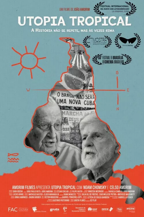 Αφίσα ταινίας για το "Utopia Tropical". Ένας χάρτης της Βραζιλίας είναι γεμάτος εικόνες: ένα πλήθος με μια βραζιλιάνικη σημαία και το κείμενο "Η Βραζιλία δεν θα γίνει μια νέα Κούβα", και τα πρόσωπα δύο ηλικιωμένων ανδρών, του Νόαμ Τσόμσκι και του Σέλσο Αμορίμ.